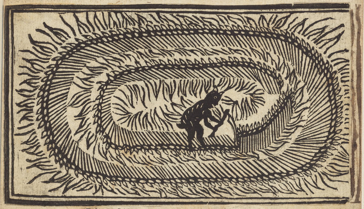 Woodcut depicting a devil mowing a field in a spiral pattern, from a 1678 English pamphlet.